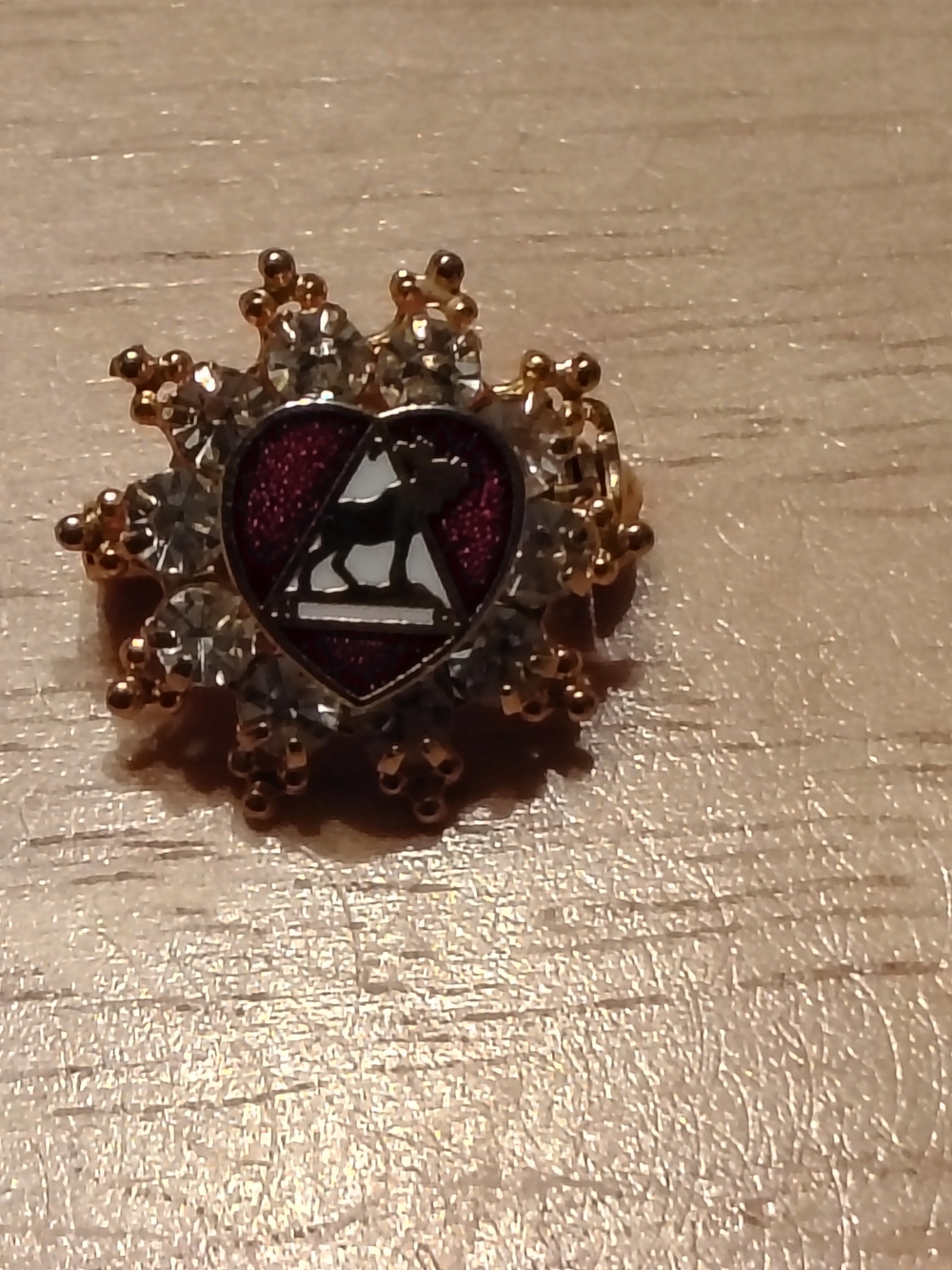 Unk Gold-Tone Heart Pin with Burgundy Enamel and Wolf Motif